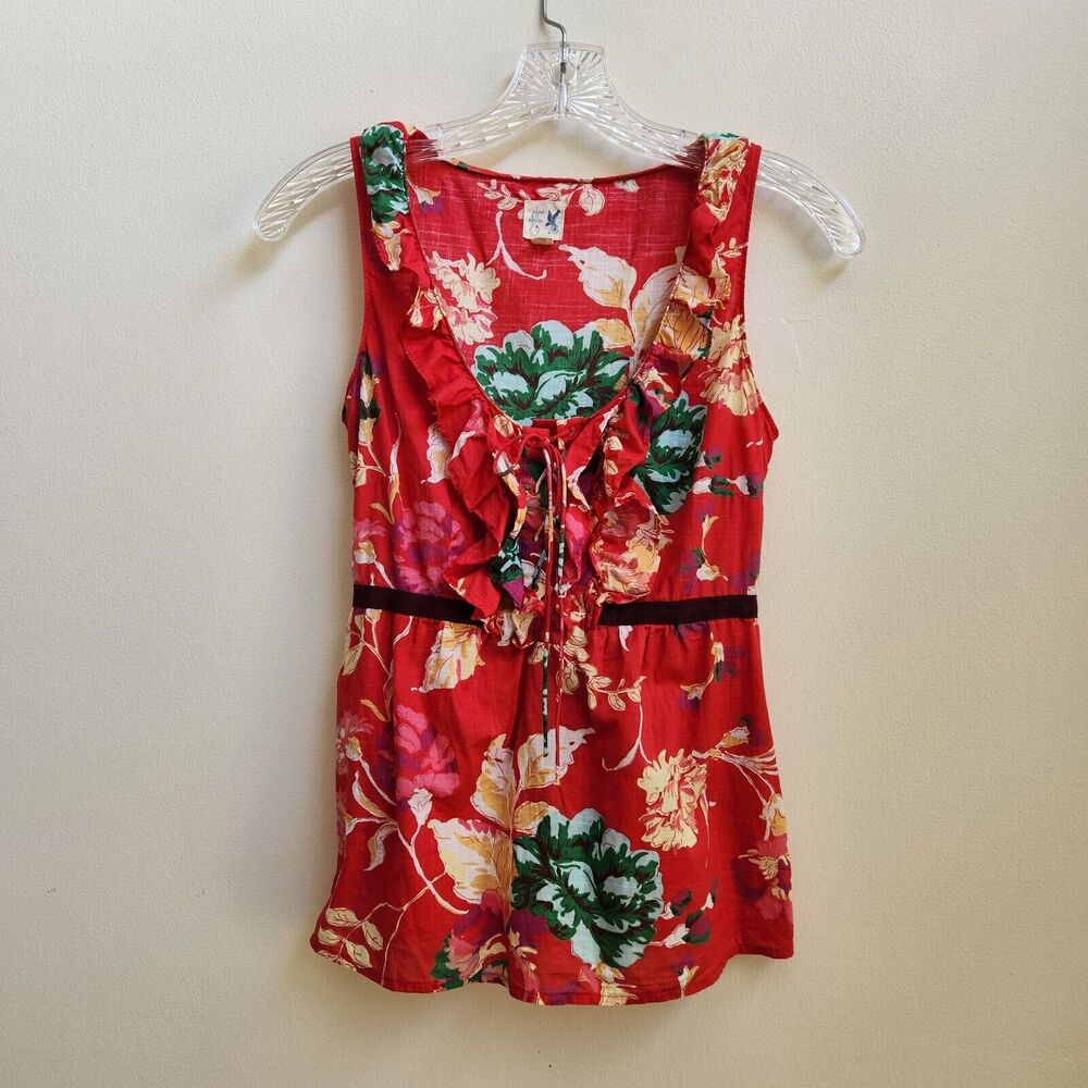 Anthropologie Edme & Esyllte Top Women 2 Red Floral Lace Up Ruffle Tie Boho Chic